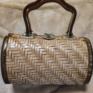 1950's Elegant Woven Barrel Handbag with Amber Lucite Accents